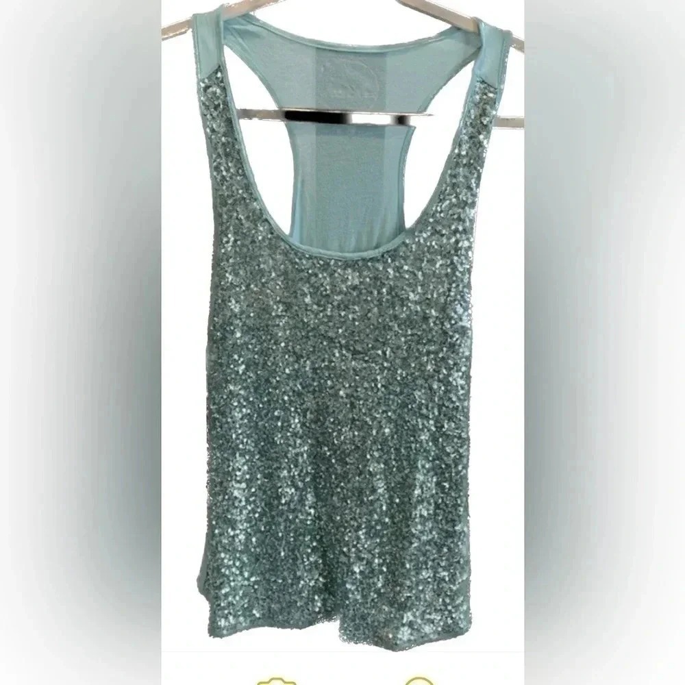 INC Flirty Fun Y2K VTg Sleeveless Sequin Tank Shirt Teal Women's Medium EUC